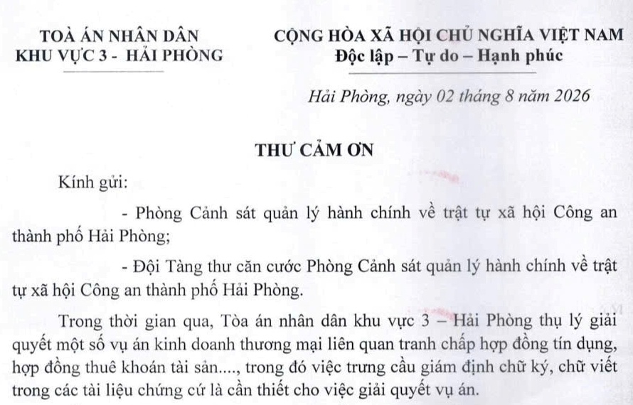 Tòa án nhân dân khu vực 3 - Hải Phòng gửi thư cảm ơn Phòng Cảnh sát quản lý hành chính về trật tự xã hội